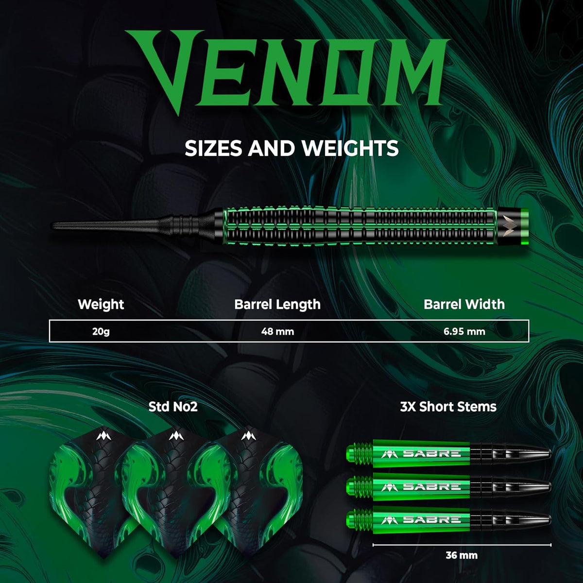 Mission Venom Darts - Steel Tip - 90% Tungsten - Black & Green Electro