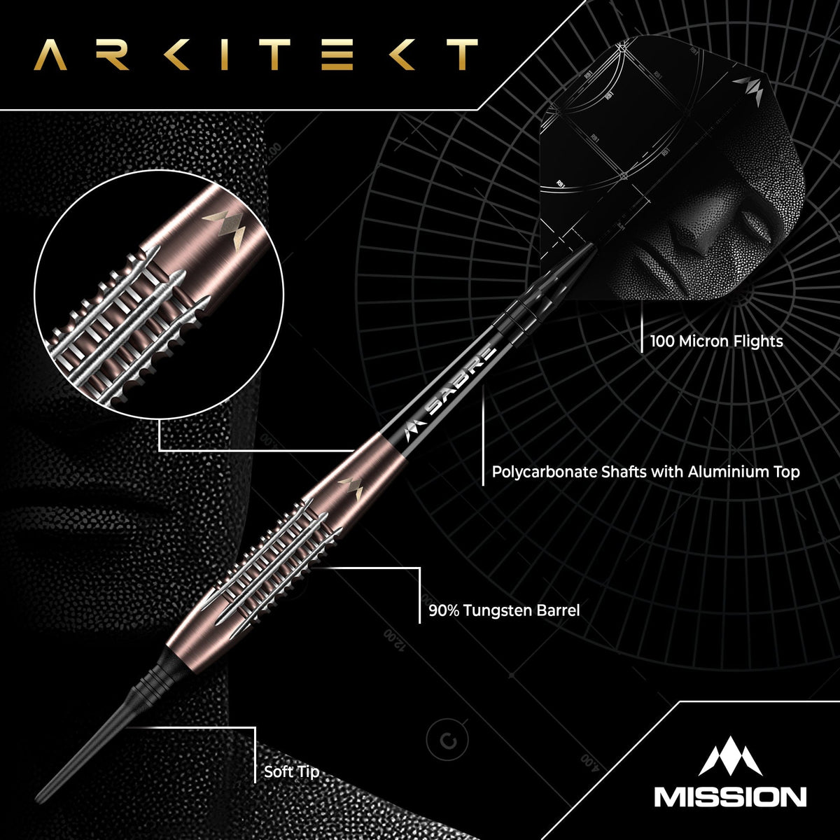 Mission Arkitekt Darts - Soft Tip - 90% Tungsten - Bronze Silica PVD - 19g