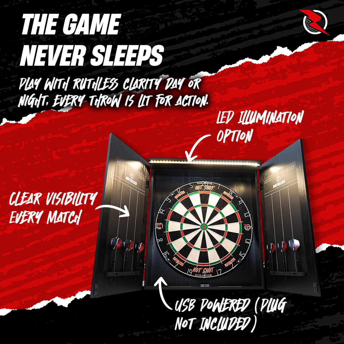 Ruthless Home Darts Centre - Cabinet with USB Light - Black