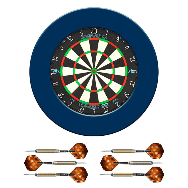 Mission Samurai Infinity Dartboard Set - Dart Board, Surround & 2 sets of Brass Darts - Blue