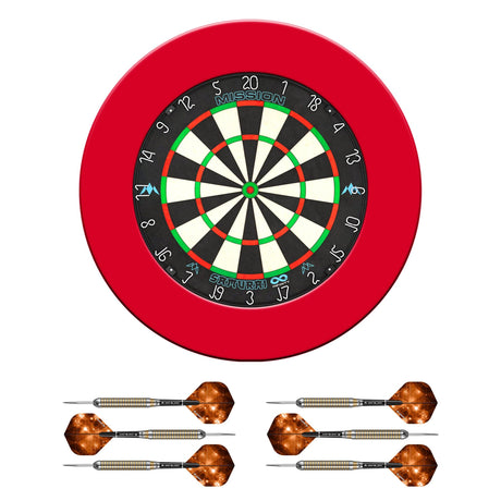 Mission Samurai Infinity Dartboard Set - Dart Board, Surround & 2 sets of Brass Darts - Red