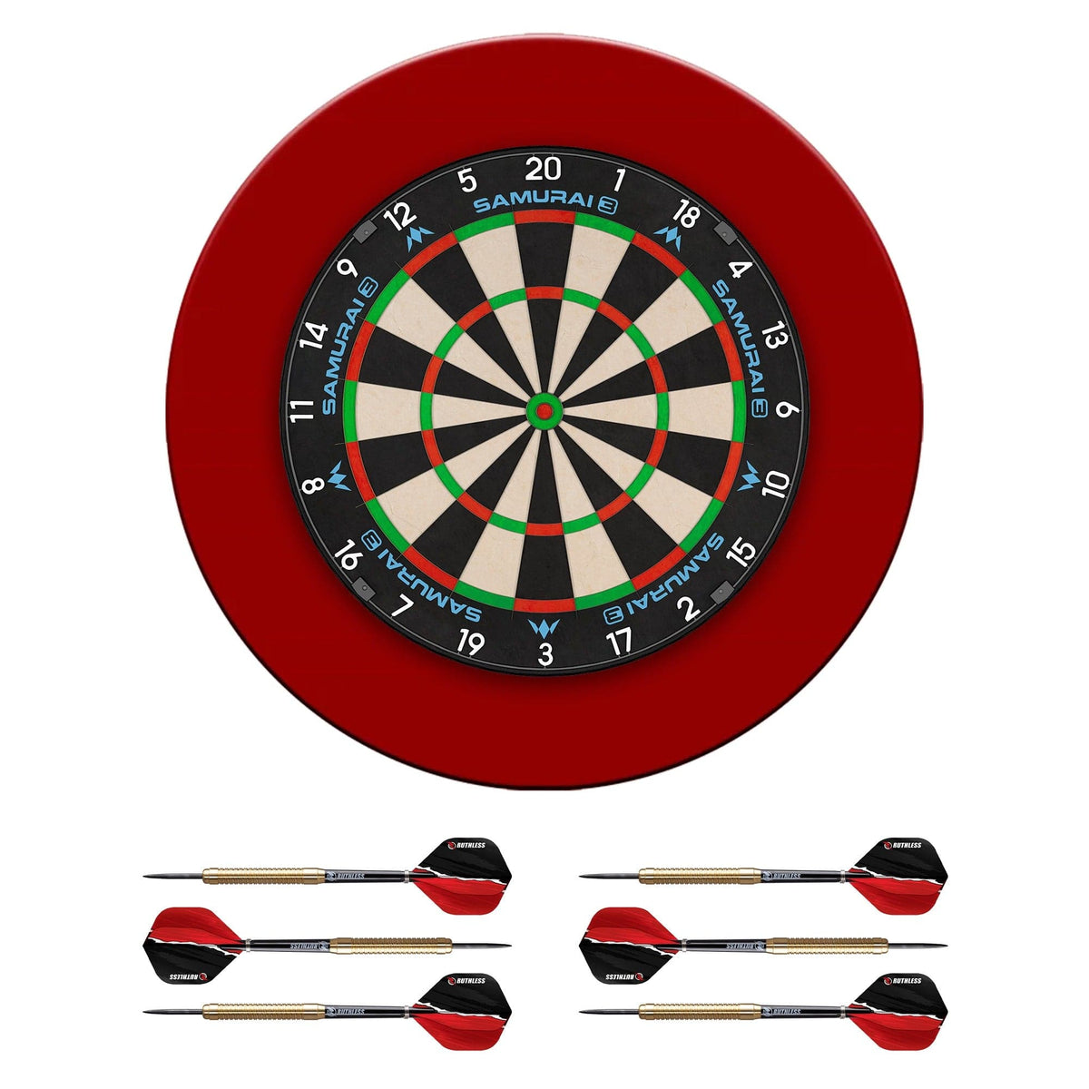Mission Samurai 3 Dartboard Set - Dart Board, Red Surround & 2 sets of Brass Darts