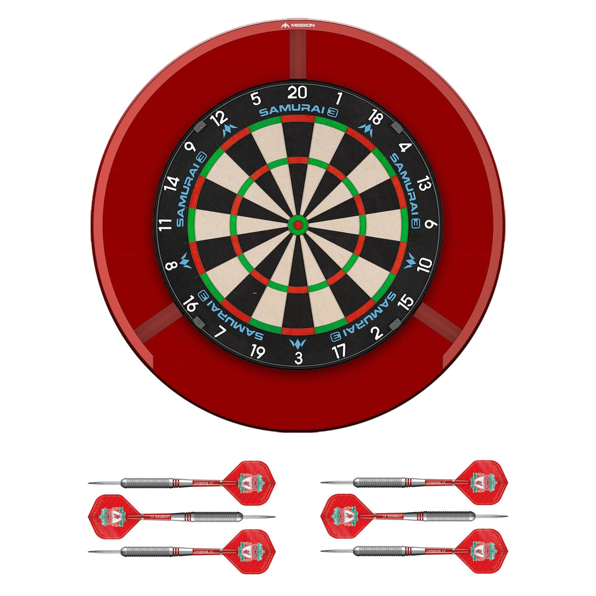 Mission Samurai 3 x Liverpool Dartboard Set - Dart Board, Surround, Torus 270 Light & 2 sets of Brass Darts