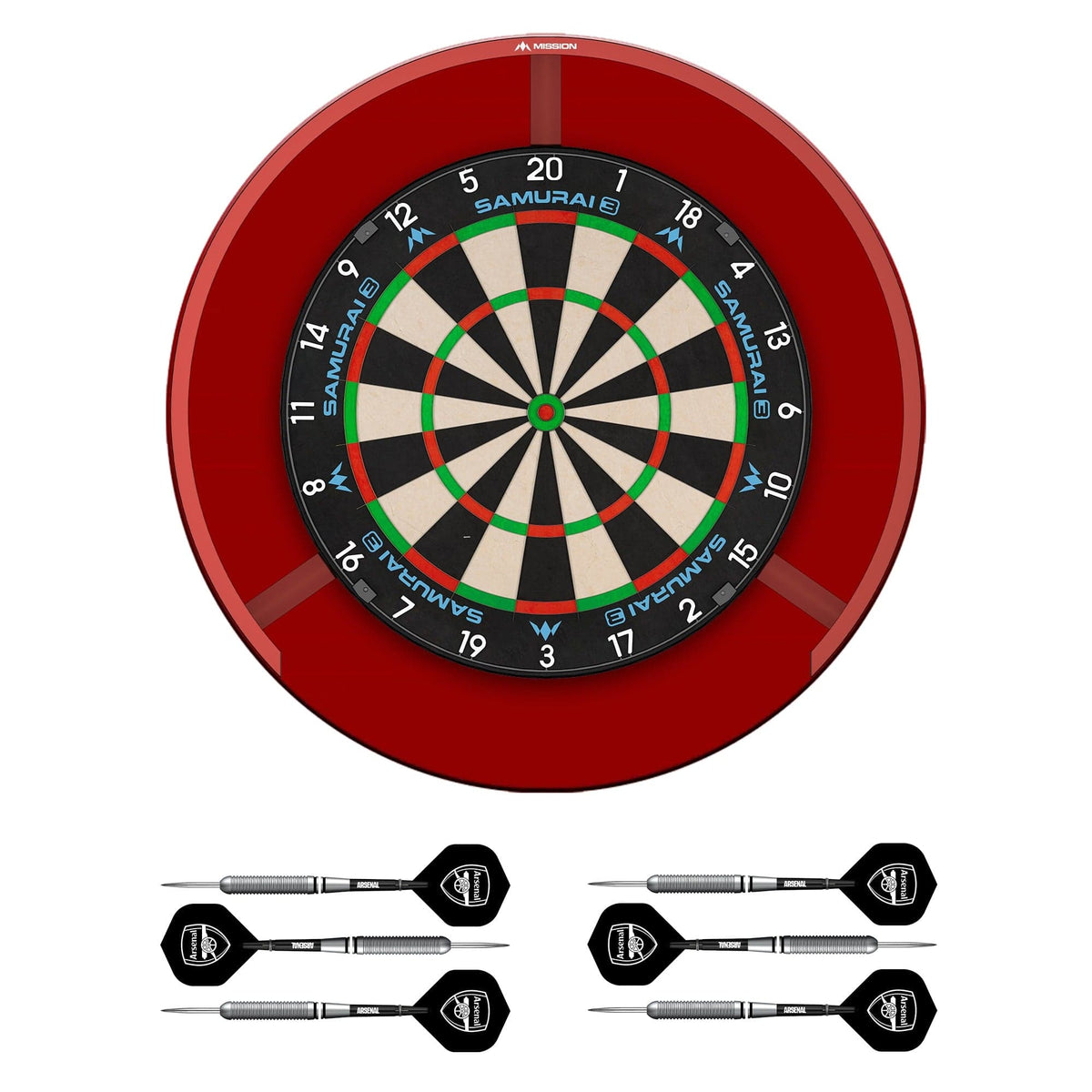 Mission Samurai 3 x Arsenal Dartboard Set - Dart Board, Surround, Torus 270 Light & 2 sets of Brass Darts