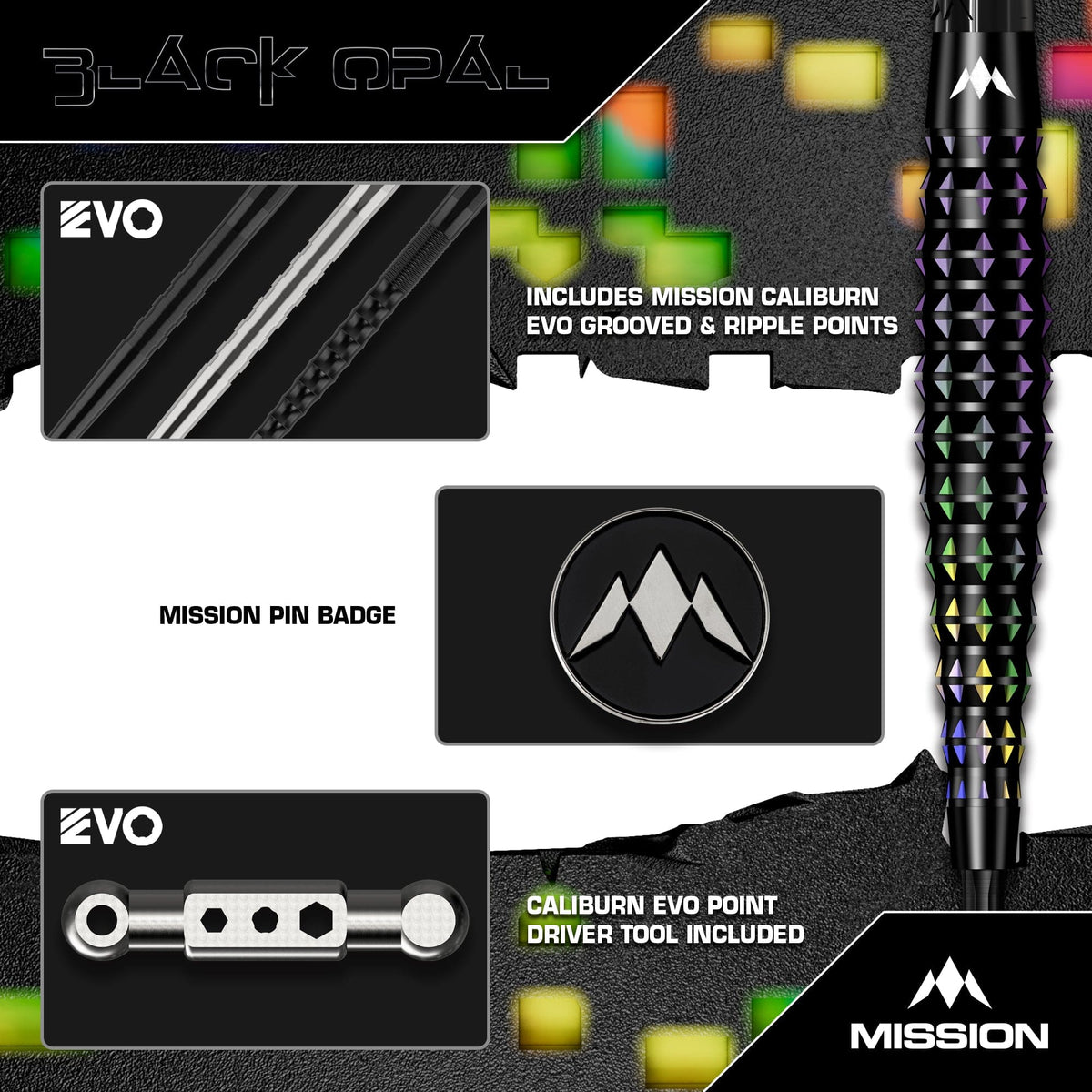 Mission Black Opal Darts - Steel Tip - 95% Tungsten - Black & Coral PVD