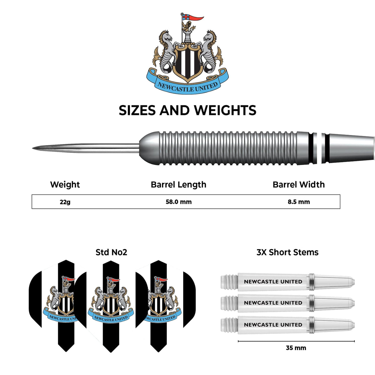 Newcastle United FC - Official Licensed - Steel Tip Darts - Brass - 22g