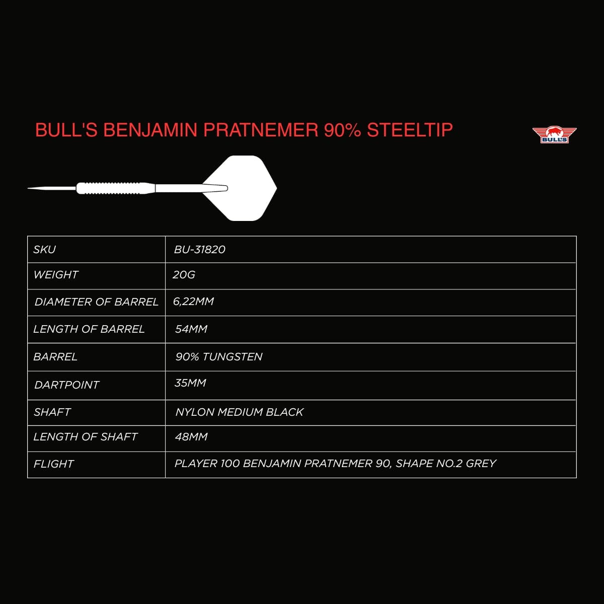 Bulls Benjamin Pratnemer Darts - Steel Tip - 90% Tungsten - 20g