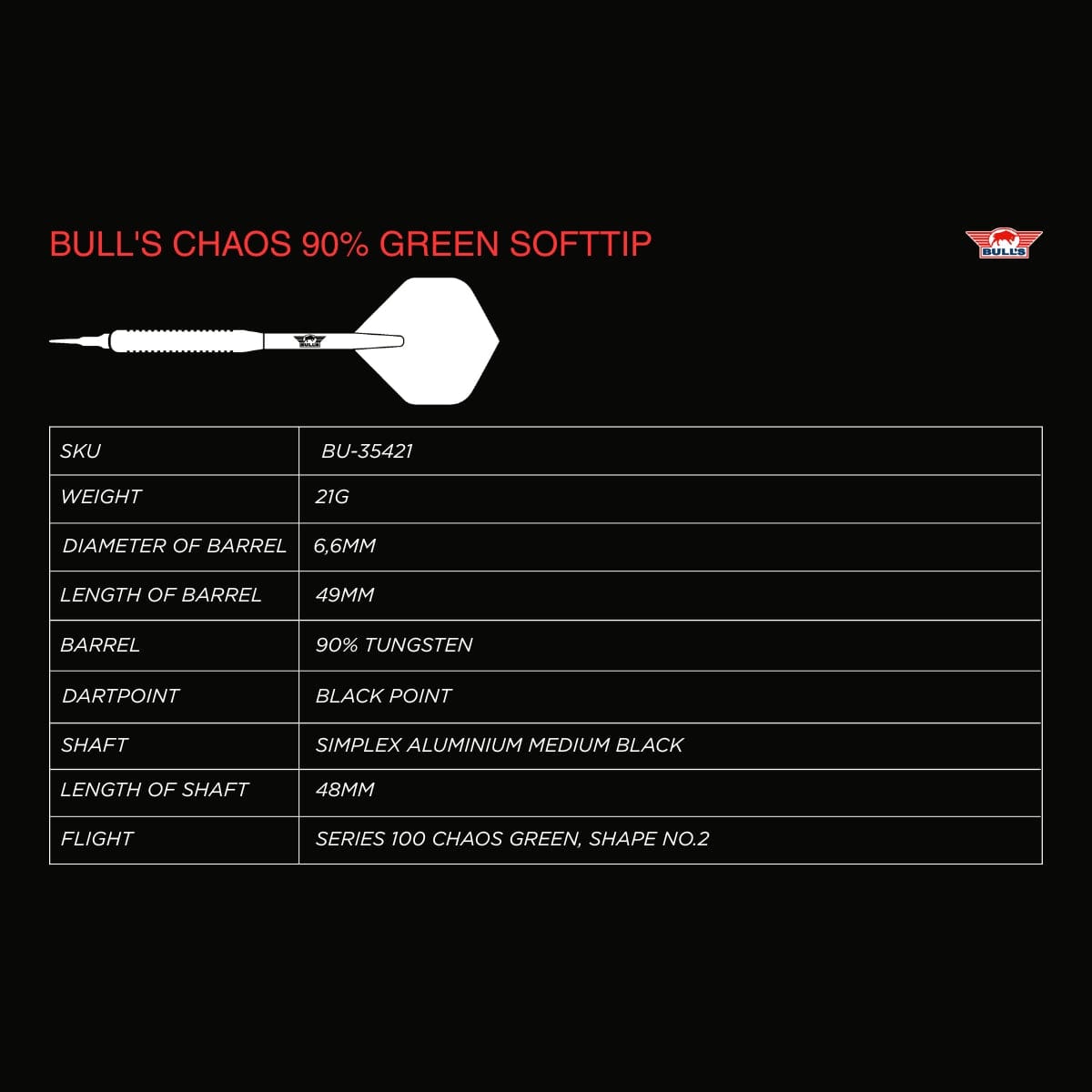 Bulls Chaos Darts - Soft Tip - 90% Tungsten - Green 21g