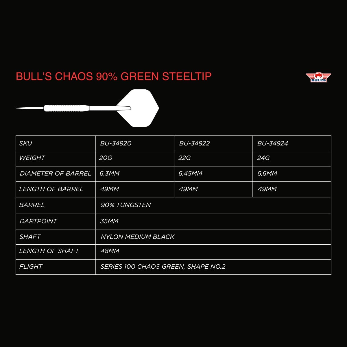 Bulls Chaos Darts - Steel Tip - 90% Tungsten - Green