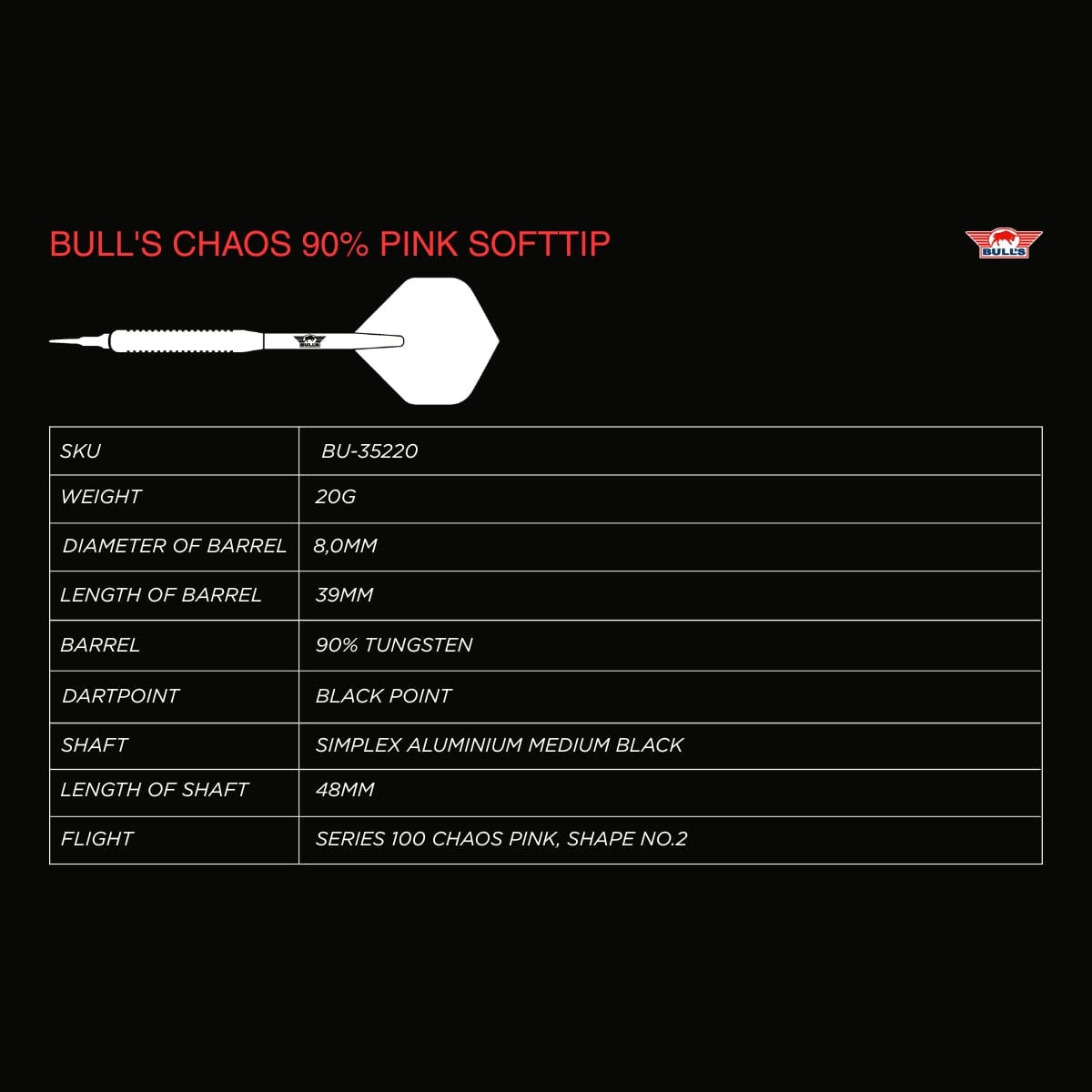 Bulls Chaos Darts - Soft Tip - 90% Tungsten - Pink 20g