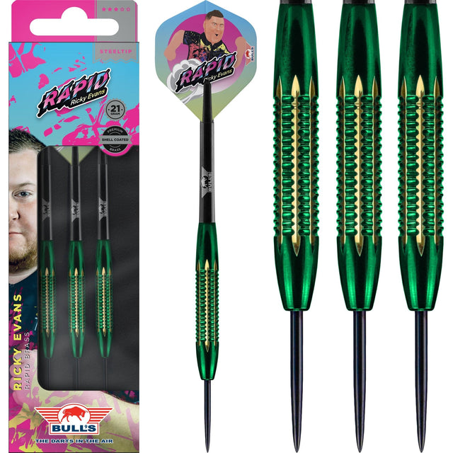 Bulls Ricky Evans Darts - Steel Tip - Shell Coated Brass - Rapid - Green 21g