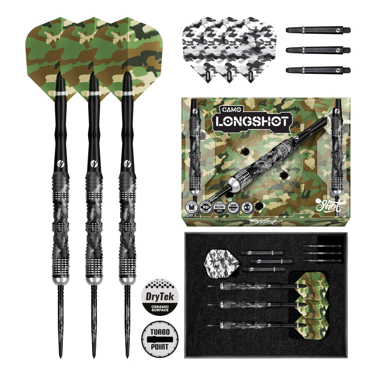 Shot Camo Turbo Darts - Steel Tip - 90% Tungsten - Longshot