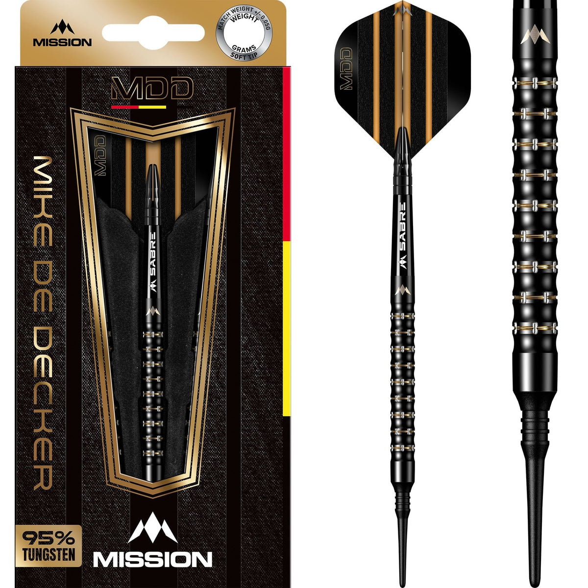Mission Mike De Decker Darts - Soft Tip - 95% Tungsten - Black & Gold PVD - 20g