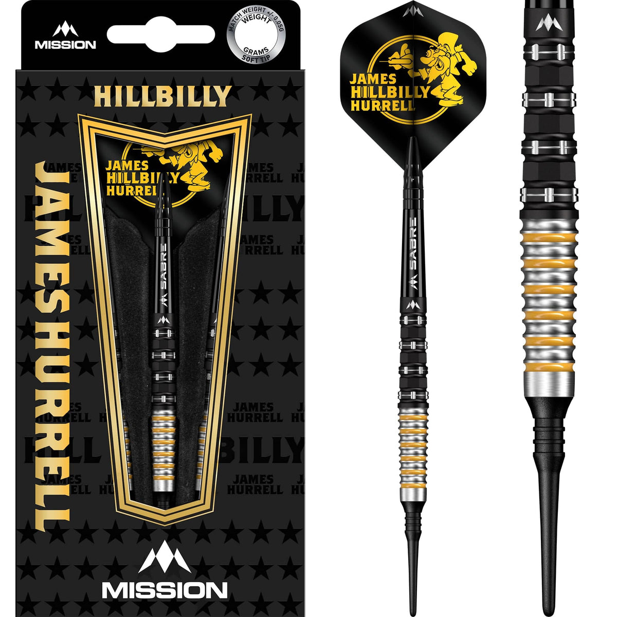 Mission James Hurrell Darts - Soft Tip - 95% Tungsten - V2 - Black PVD & Yellow