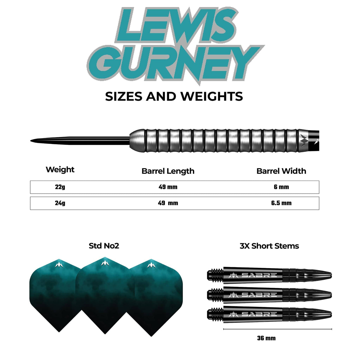 *Mission Lewis Gurney Darts - Steel Tip - 95% Tungsten - Silver-Black Rings