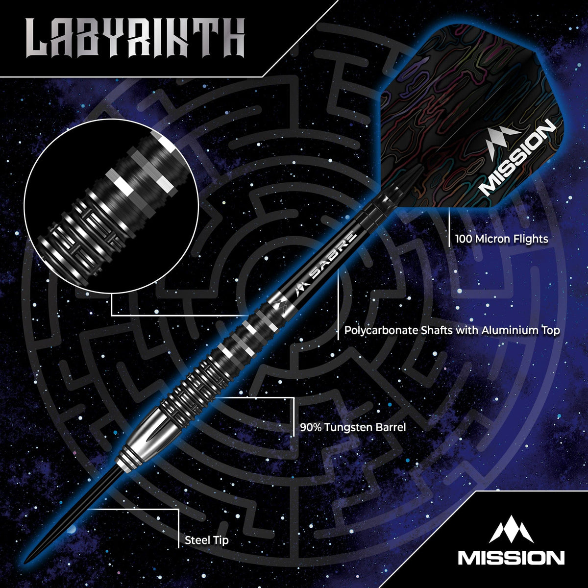 Mission Labyrinth Darts - Steel Tip - 90% Tungsten - Black PVD