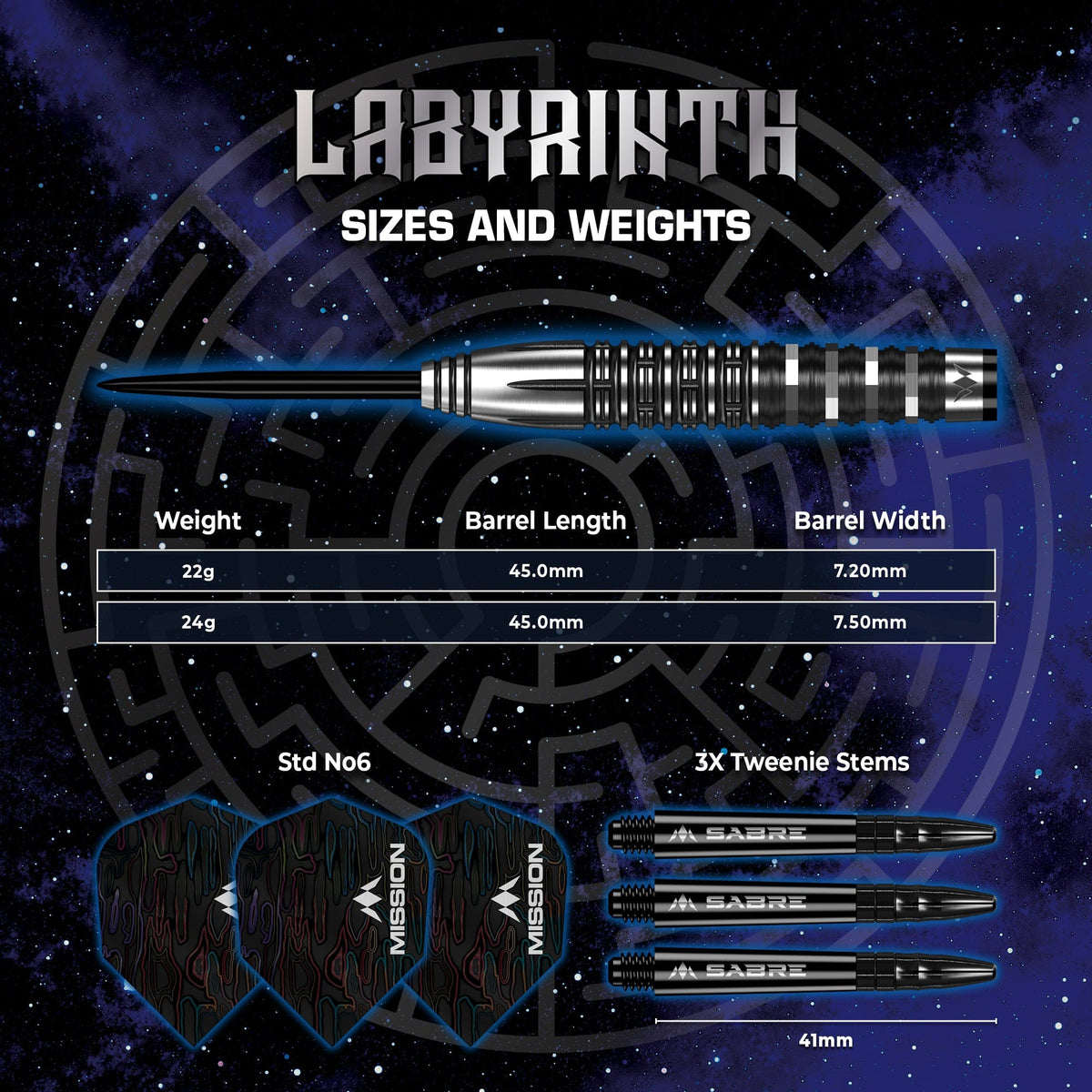 Mission Labyrinth Darts - Steel Tip - 90% Tungsten - Black PVD