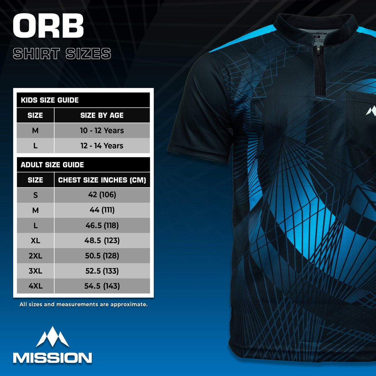 Mission Darts Orb Dart Shirt - Collarless - Lightweight - Black & Blue - Youth