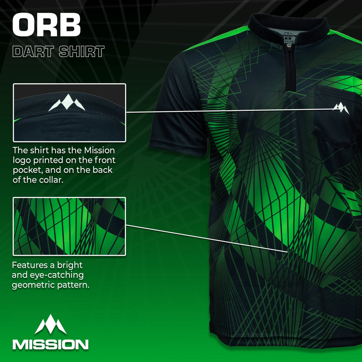 Mission Darts Orb Dart Shirt - Collarless - Lightweight - Black & Green - Youth