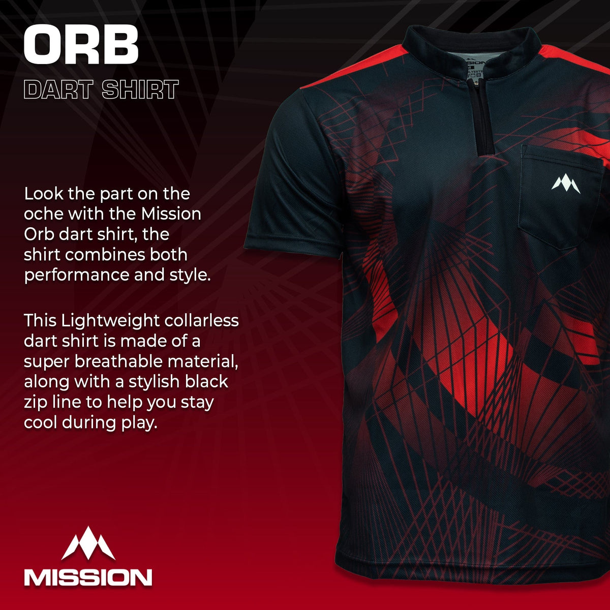 Mission Darts Orb Dart Shirt - Collarless - Lightweight - Black & Red
