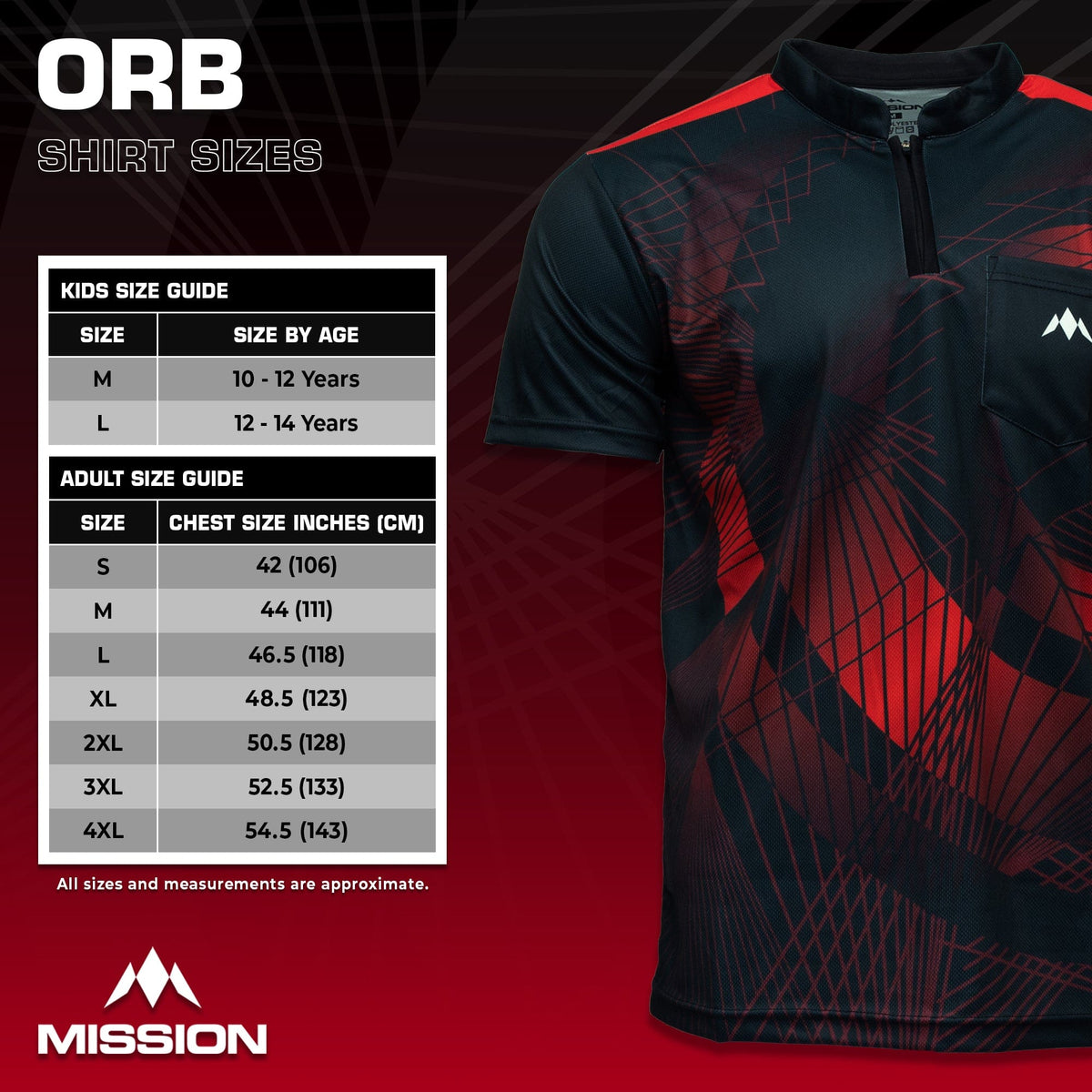 Mission Darts Orb Dart Shirt - Collarless - Lightweight - Black & Red - Youth