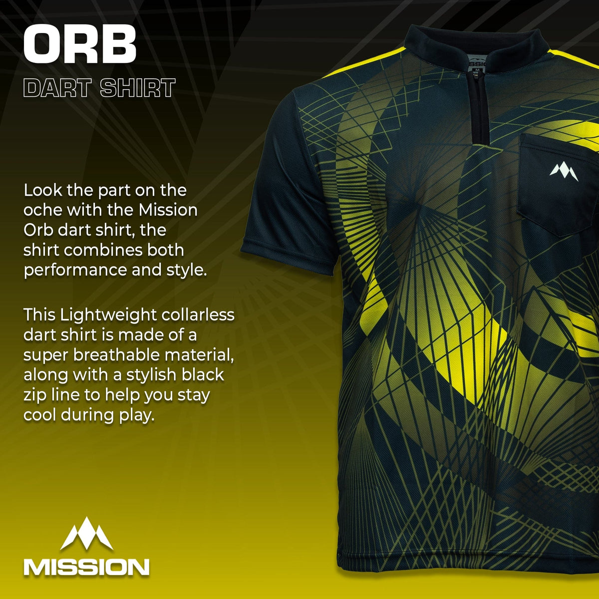 Mission Darts Orb Dart Shirt - Collarless - Lightweight - Black & Yellow