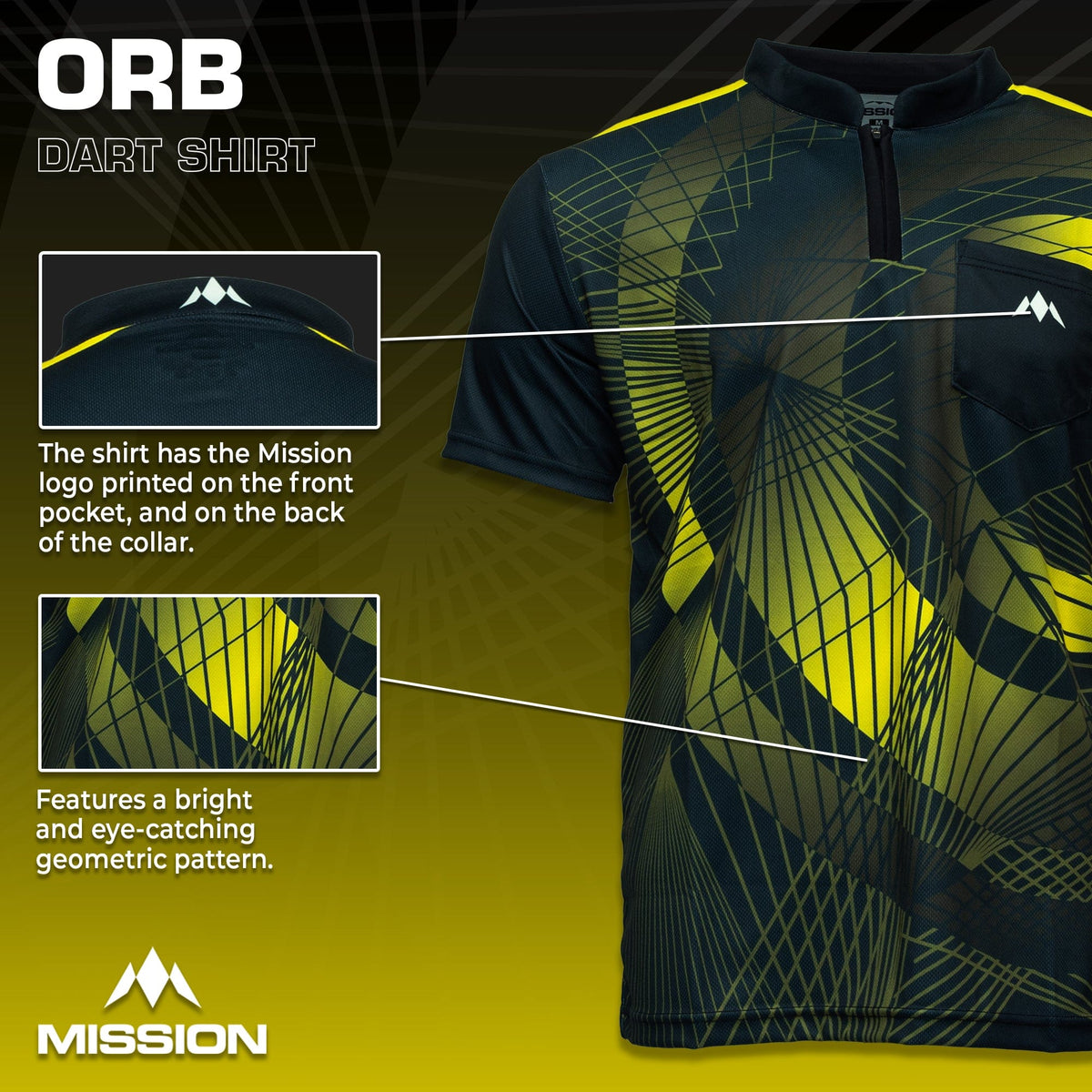 Mission Darts Orb Dart Shirt - Collarless - Lightweight - Black & Yellow