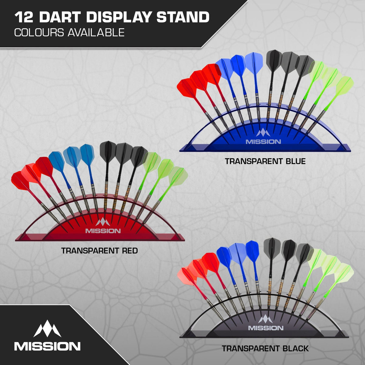 Mission Station 12 - holds 12 darts - Acrylic Darts Display Arc Colours