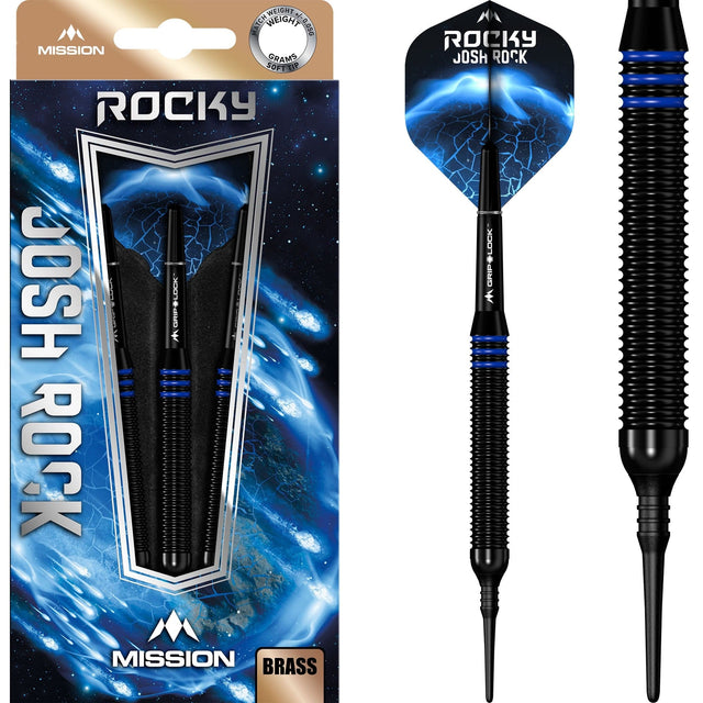 *Mission Josh Rock Darts - Soft Tip - Brass - Rocky - Black & Blue 18g