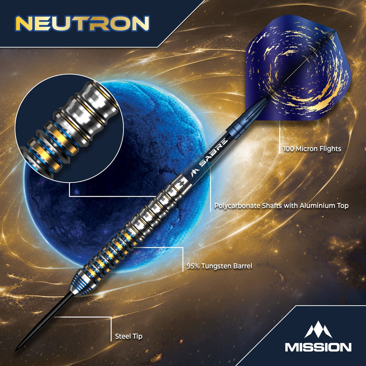 Mission Neutron Darts - Steel Tip - 95% Tungsten - Blue & Gold PVD