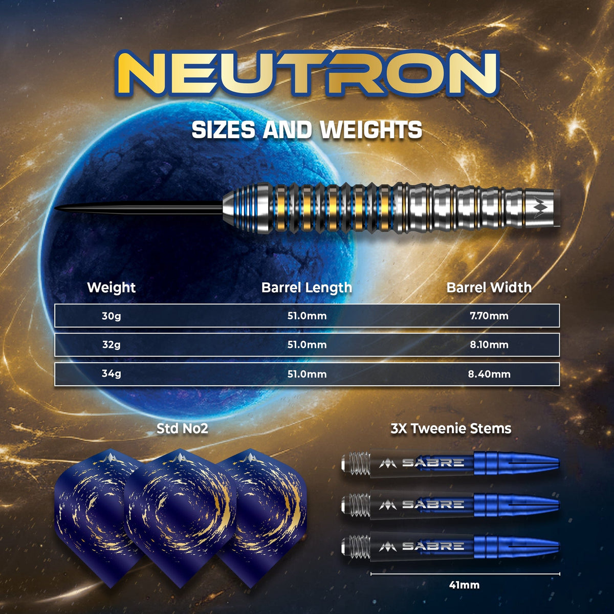 Mission Neutron Darts - Steel Tip - 95% Tungsten - Blue & Gold PVD