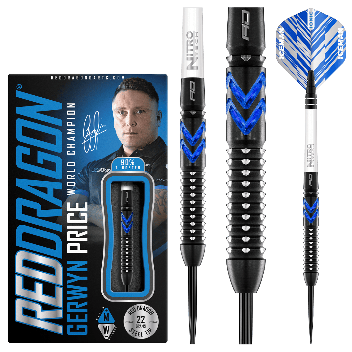 Red Dragon Gerwyn Price Darts - Steel Tip - 90% Tungsten - Ice Blue