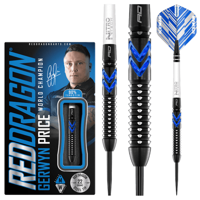 Red Dragon Gerwyn Price Darts - Steel Tip - 90% Tungsten - Ice Blue