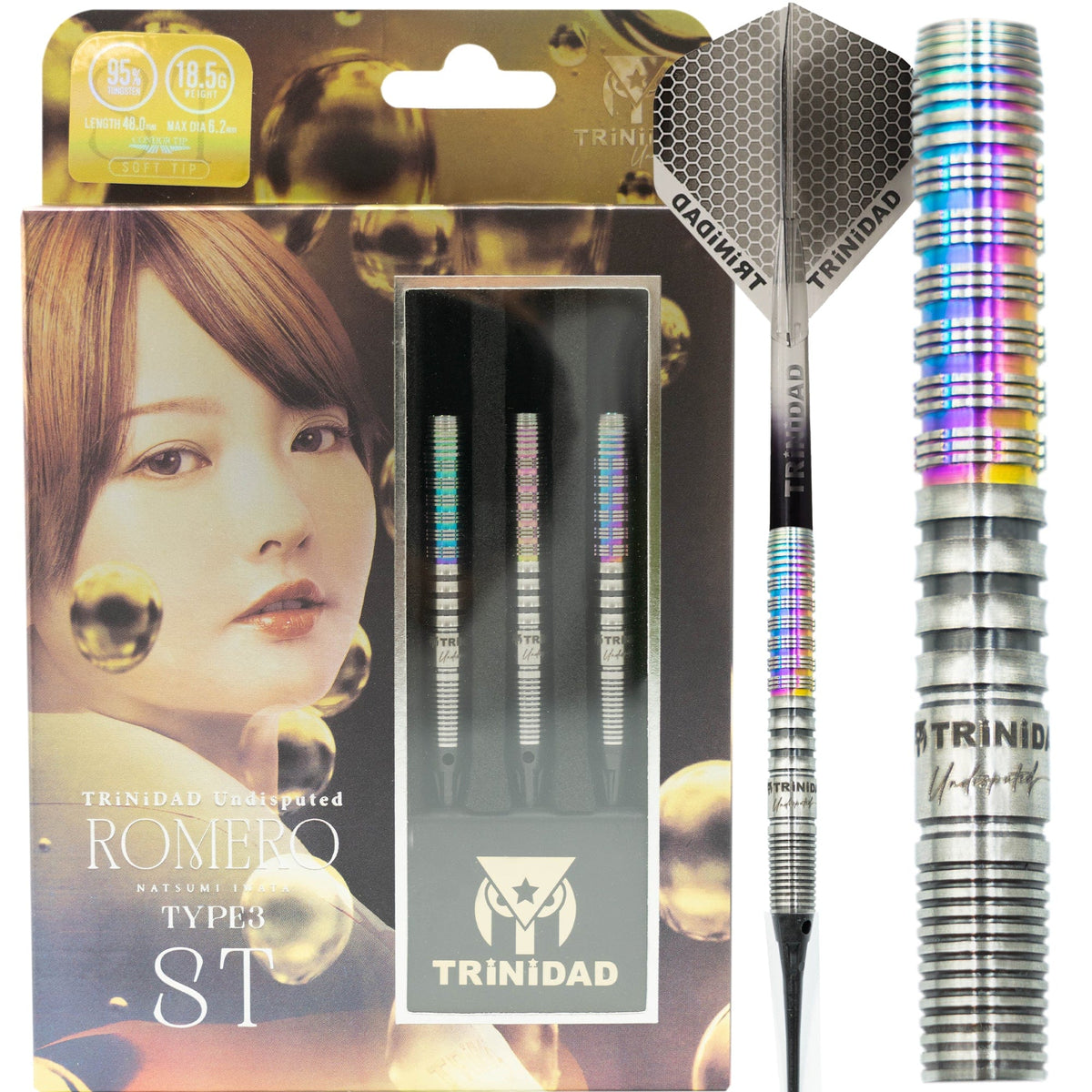 Trinidad Undisputed Darts - Soft Tip - 95% Tungsten - Romero 3 - Rainbow - 20g