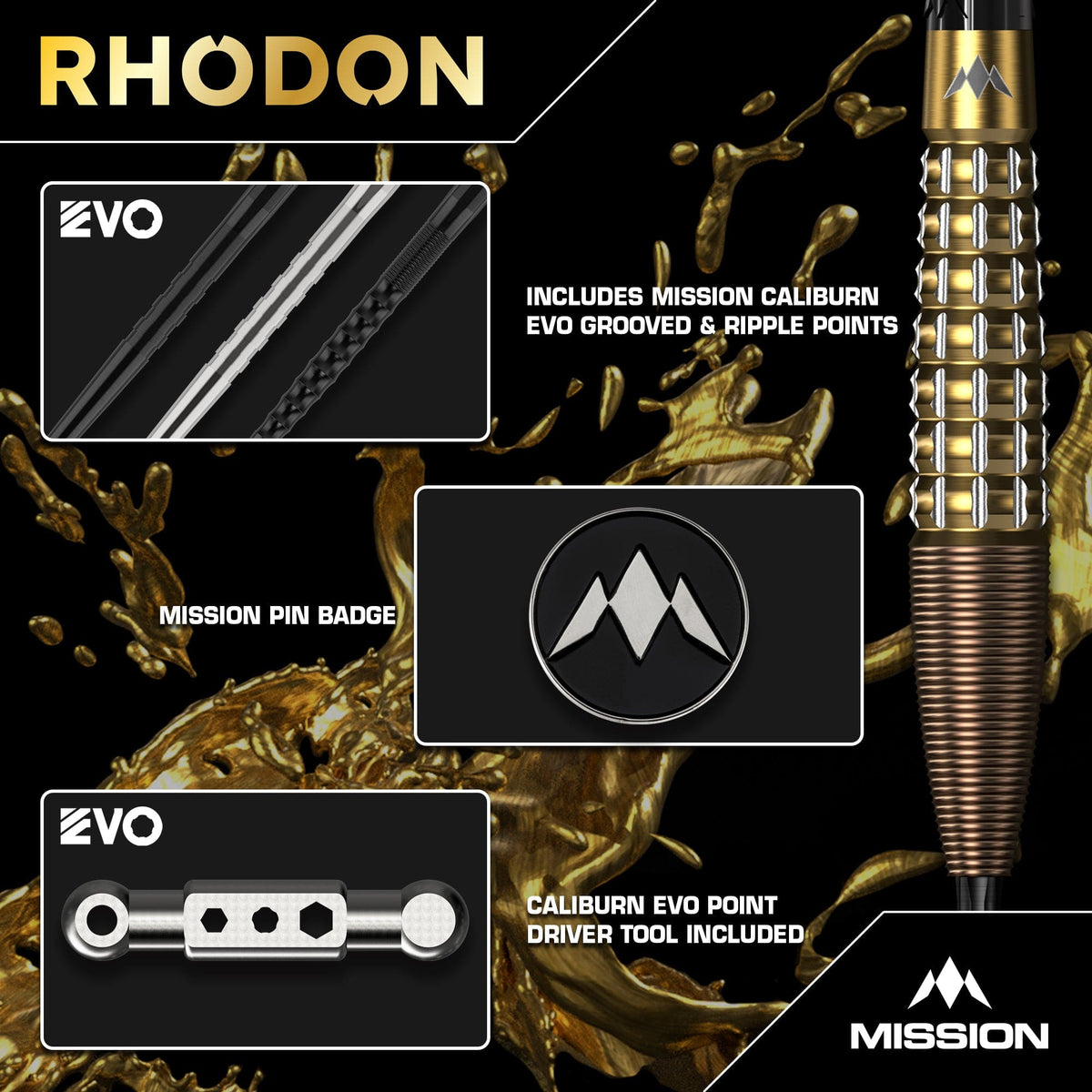 Mission Rhodon Darts - Steel Tip - 95% Tungsten - Bronze & Gold PVD