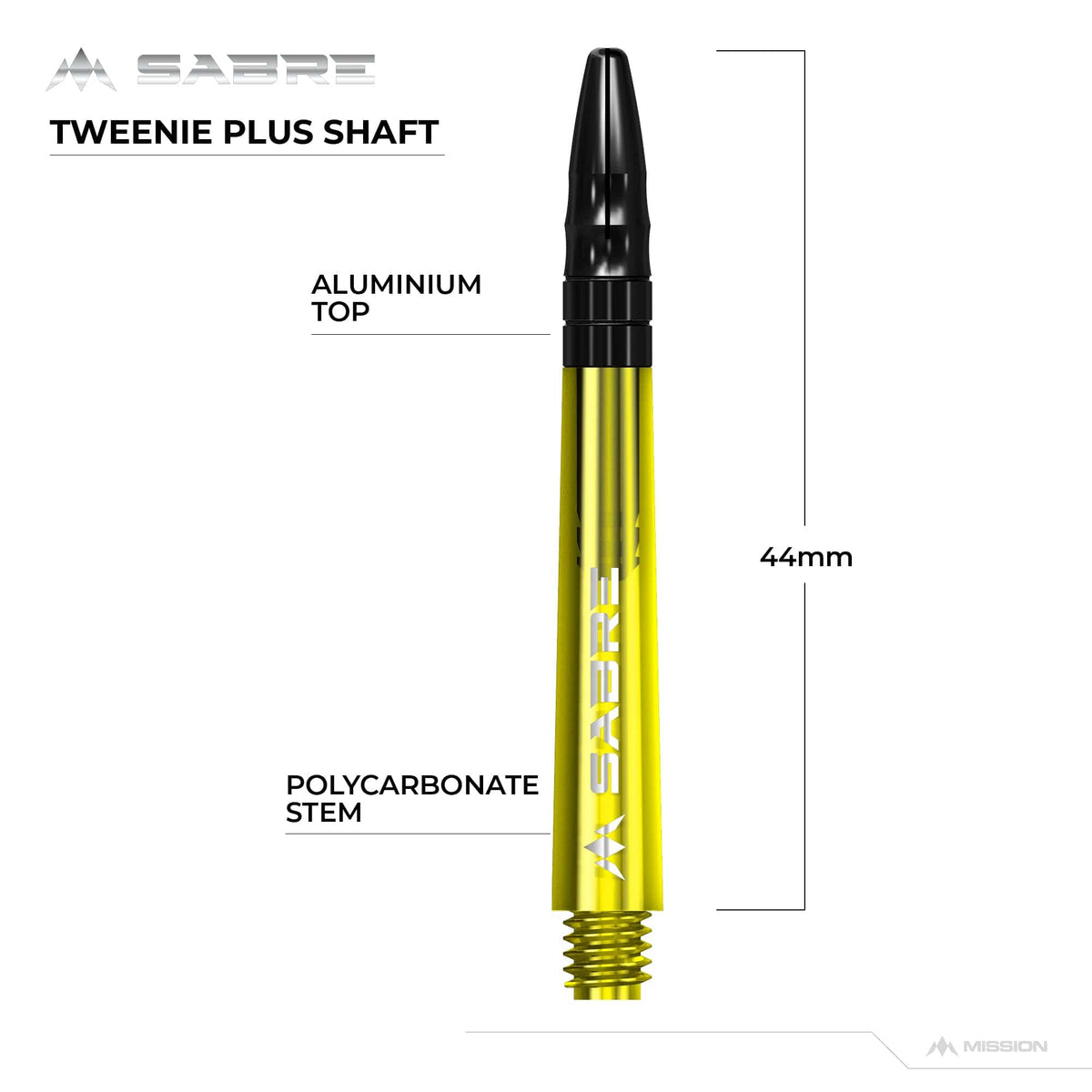 Mission Sabre Shafts - Polycarbonate Dart Stems - Yellow - Black Top