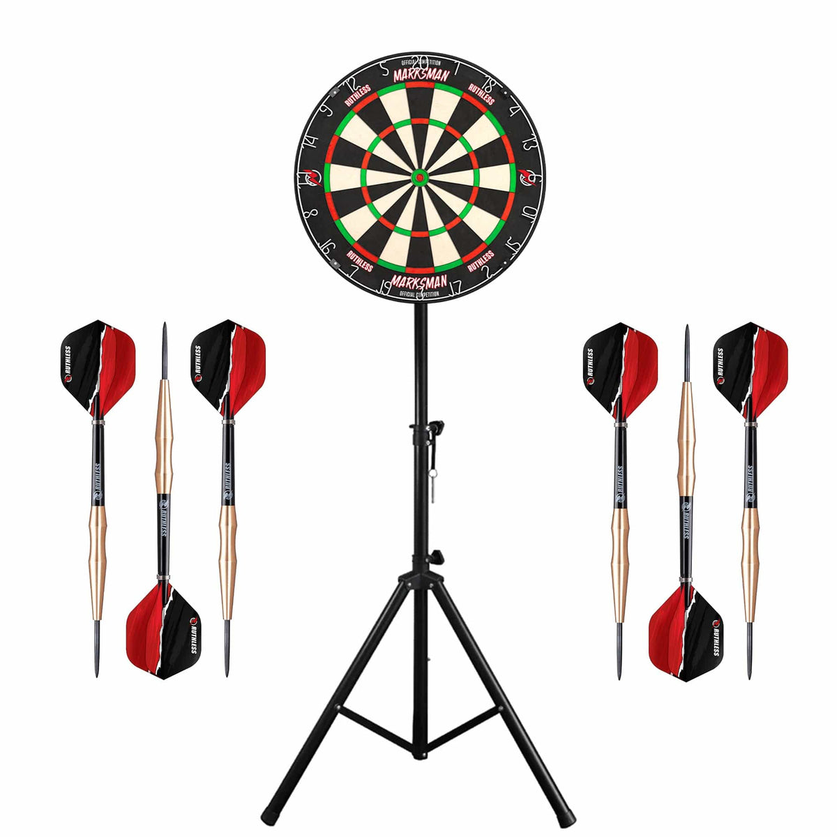 Ruthless Marksman Dartboard & Stand Set - Dart Board, Stand & 2 sets of Brass Darts