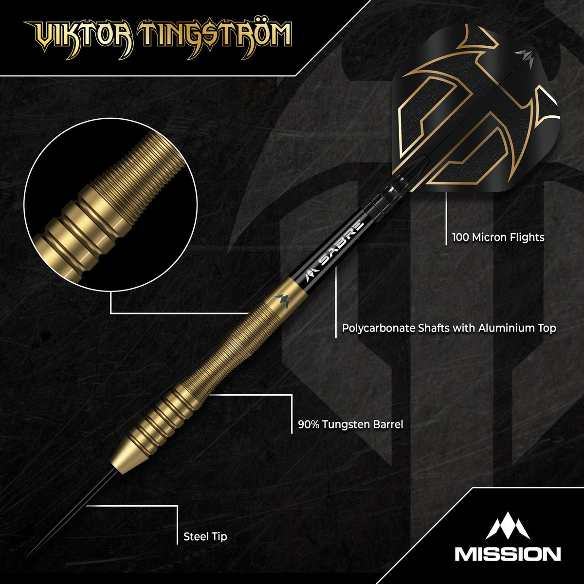 Mission Viktor Tingstrom Darts - Steel Tip - 90% Tungsten - Gold