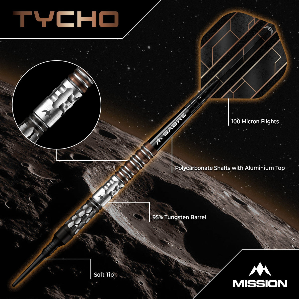 Mission Tycho Darts - Soft Tip - 90% Tungsten - Black & Bronze PVD - 20g