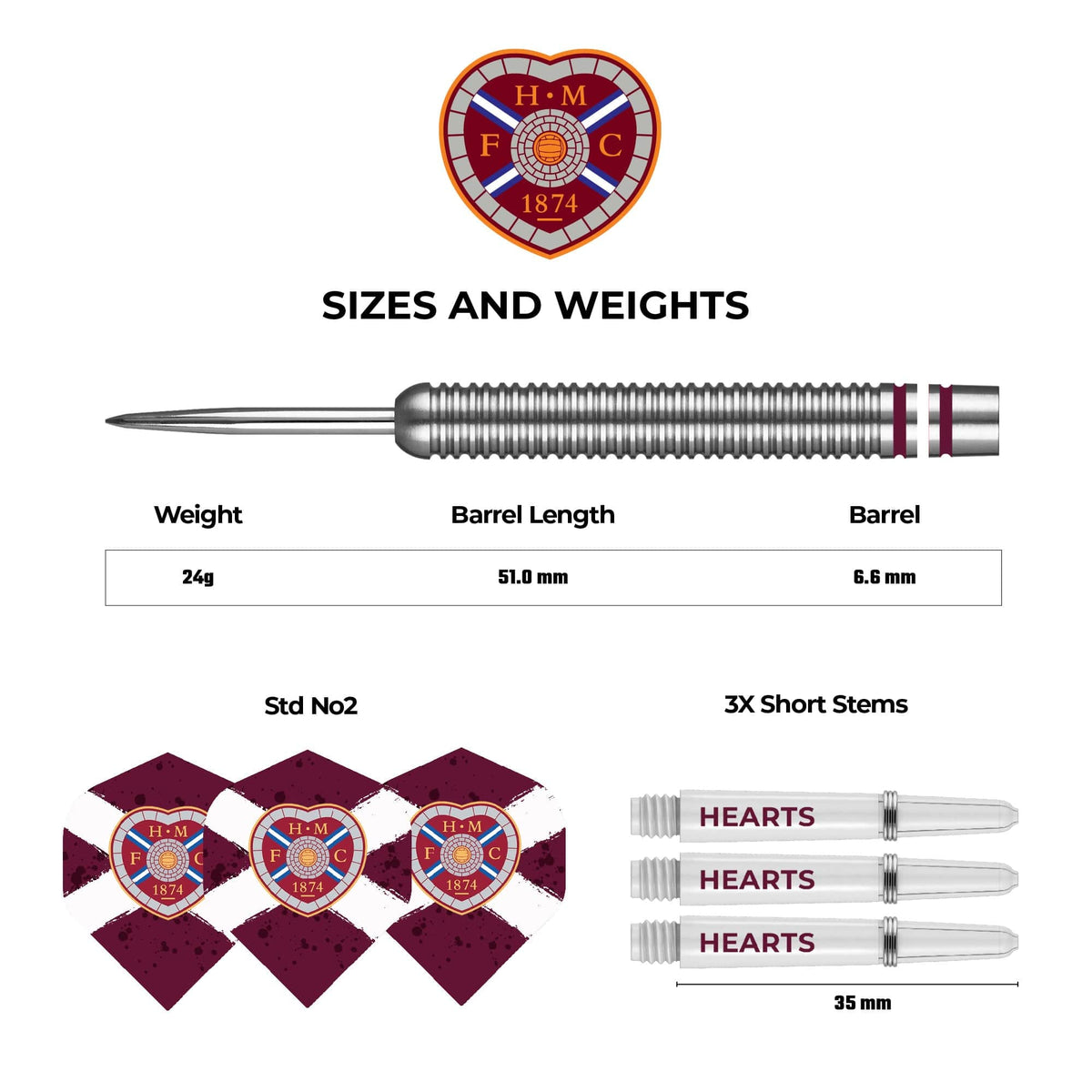 Heart of Midlothian FC - Official Licensed - Hearts - Steel Tip Darts - Tungsten - 24g 24g
