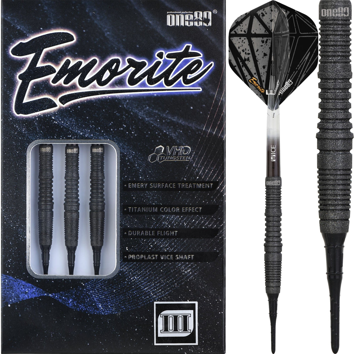 One80 Emorite 03 Darts - Soft Tip - 90% Tungsten - Black 20g