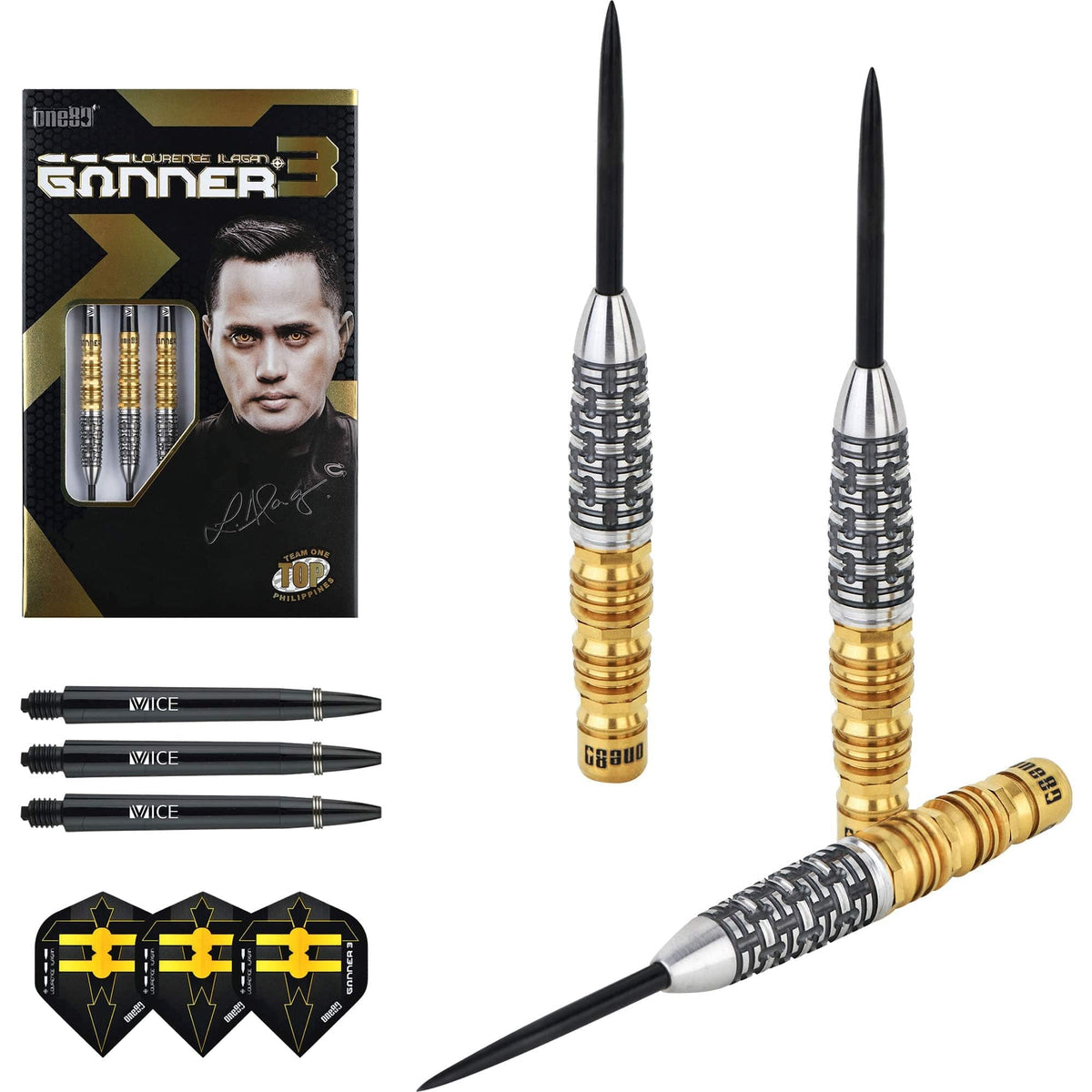 One80 Gunner III Darts - Steel Tip - Lourence Ilagan - Black & Gold