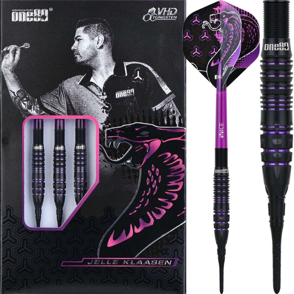 One80 Jelle Klaasen VHD Darts - Soft Tip - The Cobra - Black 16g