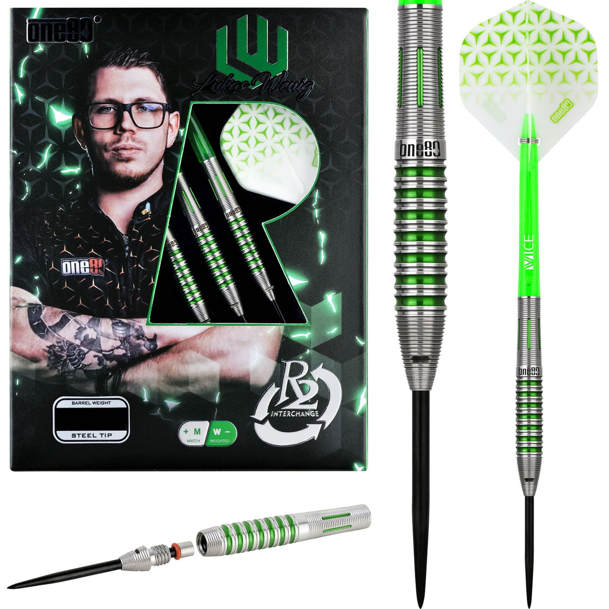 *One80 Lukas Wenig R2 Interchange Darts - Steel Tip - V2 - Green 22g
