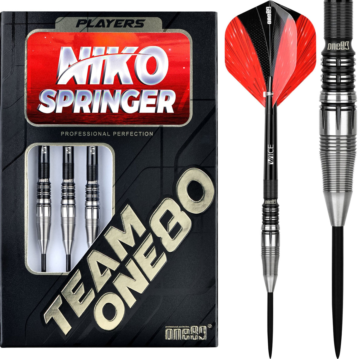 One80 Niko Springer Darts - Steel Tip - Signature - Black \ Silver - 22g 22g