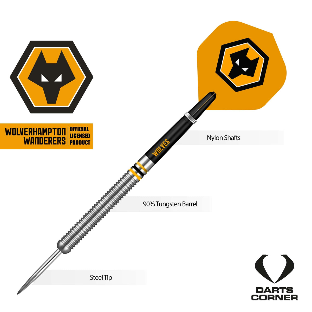 Wolverhampton Wanderers FC Darts - Steel Tip Tungsten - Official Licensed - Wolves - 24g 24g